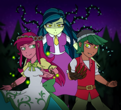 Size: 1372x1253 | Tagged: safe, artist:fantasygerard2000, gloriosa daisy, timber spruce, oc, oc:belladonna nightshade, equestria girls, g4, my little pony equestria girls: legend of everfree, brother and sister, clothes, female, forest, male, night, pine tree, siblings, smiling, tree, trio, vine