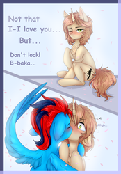 Size: 3000x4300 | Tagged: safe, artist:darksteel, oc, oc only, oc:andrew swiftwing, oc:clouded wisp, pegasus, pony, unicorn, 2 panel comic, anded, baka, blushing, chest fluff, comic, female, kissing, male, one eye closed, shipping, spread wings, straight, surprise kiss, surprised, text, tsundere, wings