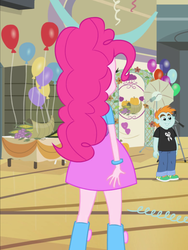 Size: 1536x2048 | Tagged: safe, screencap, pinkie pie, snips, equestria girls, g4, my little pony equestria girls, balloon, bracelet, camera, clothes, corn, food, grapes, jewelry, pumpkin, rear view, skirt, streamers