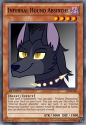 Size: 419x610 | Tagged: safe, artist:wubcakeva, edit, part of a set, oc, oc only, hellhound, card, collar, solo, spiked collar, trading card edit, yu-gi-oh!