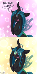 Size: 1472x2944 | Tagged: dead source, safe, artist:dsp2003, queen chrysalis, changeling, changeling queen, g4, 2 panel comic, :3, abstract background, blushing, blushing profusely, comic, covering eyes, cute, cutealis, eye clipping through hair, eyes on the prize, fangs, female, floppy ears, hair over one eye, heart, heart eyes, lewd, mare, open mouth, peeking, sitting, smiling, solo, speech bubble, wide eyes, wingding eyes