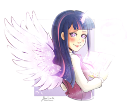 Size: 1024x849 | Tagged: safe, artist:viviennecorner, twilight sparkle, alicorn, human, g4, book, clothes, female, horn, horned humanization, humanized, looking back, smiling, solo, twilight sparkle (alicorn), winged humanization, wings