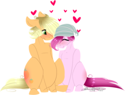 Size: 933x711 | Tagged: safe, artist:ohflaming-rainbow, oc, oc only, oc:orange, oc:strawberry, pony, beanie, gay, hat, heart, male, oc x oc, shipping, simple background, sitting, stallion, transparent background