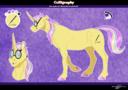 Size: 1325x940 | Tagged: safe, artist:bijutsuyoukai, oc, oc only, oc:calligraphy, pony, unicorn, glasses, magical lesbian spawn, male, offspring, parent:moondancer, parent:princess celestia, reference sheet, solo, stallion