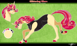 Size: 1500x900 | Tagged: safe, artist:bijutsuyoukai, oc, oc only, oc:glittering glare, pony, unicorn, clothes, female, magical lesbian spawn, mare, offspring, parent:moondancer, parent:sunset shimmer, parents:sunsetdancer, reference sheet, solo, vest