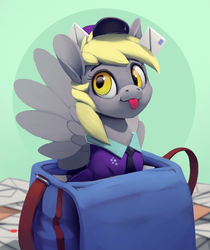 Size: 838x1000 | Tagged: safe, artist:rodrigues404, derpy hooves, pegasus, pony, g4, :p, adorable face, clothes, cute, derpabetes, female, hat, letter, mail, mailbag, mailmare, mailmare uniform, mare, silly, solo, tongue out, uniform