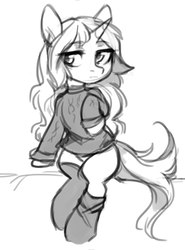 Size: 1600x2160 | Tagged: safe, artist:fensu-san, oc, oc only, pony, unicorn, boots, clothes, female, mare, monochrome, shoes, sitting, sketch, solo, sweater