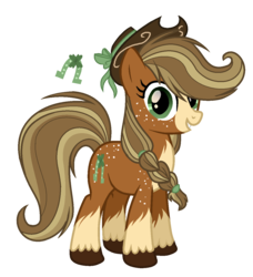 Size: 1157x1269 | Tagged: safe, artist:6-fingers-lover, oc, oc only, oc:lucky hoof, earth pony, pony, coat markings, female, hat, mare, offspring, parent:applejack, parent:trouble shoes, parents:troublejack, simple background, socks (coat markings), solo, transparent background