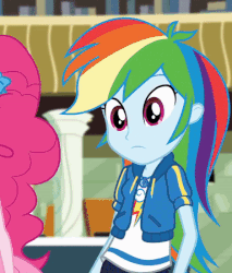 Size: 383x450 | Tagged: safe, screencap, pinkie pie, rainbow dash, best trends forever, best trends forever: rainbow dash, equestria girls, g4, my little pony equestria girls: better together, animated, blue skin, clothes, crossed arms, cutie mark on clothes, female, geode of super speed, hoodie, jewelry, magical geodes, multicolored hair, necklace, offscreen character, offscreen human, pants, pink eyes, rainbow hair, shirt, solo focus, sweatpants, talking, well duh, wristband