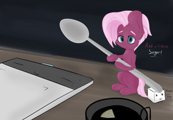 Size: 2818x1952 | Tagged: safe, artist:generallegion, jasmine leaf, earth pony, pony, cup, dialogue, female, food, hoof hold, looking at you, micro, sitting, solo, spoon, sugarcube, table, tea, teaspoon