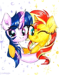 Size: 1382x1757 | Tagged: safe, artist:liaaqila, sunset shimmer, twilight sparkle, alicorn, pony, unicorn, g4, :p, commission, cute, female, lesbian, mare, shimmerbetes, ship:sunsetsparkle, shipping, silly, silly pony, smiling, tongue out, traditional art, twiabetes, twilight sparkle (alicorn)