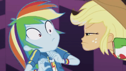 Size: 800x450 | Tagged: safe, screencap, applejack, rainbow dash, constructive criticism, constructive criticism: rainbow dash, equestria girls, g4, my little pony equestria girls: better together, angry, animated, applejack is best facemaker, applejack is not amused, duo, faic, female, glare, rainbow dash is best facemaker, scared, unamused