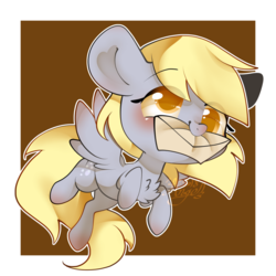 Size: 800x800 | Tagged: safe, artist:snow angel, derpy hooves, pegasus, pony, g4, blushing, chest fluff, chibi, colored pupils, cute, derpabetes, eye clipping through hair, female, letter, mail, mailmare, mouth hold, solo, wings