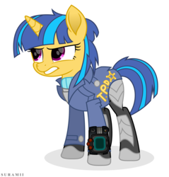 Size: 5401x5654 | Tagged: safe, artist:suramii, oc, oc only, oc:sparkplug, pony, unicorn, fallout equestria, fallout equestria: crimson tide, g4, absurd resolution, amputee, clothes, fanfic art, female, mare, movie accurate, pipbuck, police officer, prosthetic limb, prosthetics, simple background, solo, transparent background