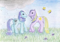 Size: 1024x725 | Tagged: safe, artist:normaleeinsane, prince firefly, princess silver rain, butterfly, g2, cloud, duo, flower, grass, rain, traditional art