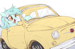 Size: 1000x665 | Tagged: safe, artist:ncmares, lyra heartstrings, pony, unicorn, g4, behaving like a dog, car, commission, driving, female, fiat, fiat 500, headlights, mare, open mouth, silly, silly pony, simple background, sketch, solo, this will end in a speeding ticket, tongue out, vehicle, wheel, white background