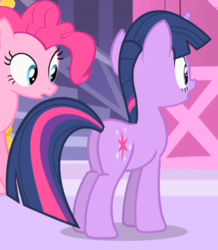 Size: 426x489 | Tagged: safe, screencap, pinkie pie, twilight sparkle, pony, unicorn, g4, green isn't your color, butt, cropped, plot, twibutt, unicorn twilight