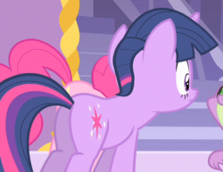 Size: 771x595 | Tagged: safe, screencap, pinkie pie, spike, twilight sparkle, pony, unicorn, g4, green isn't your color, butt, cropped, plot, twibutt, unicorn twilight