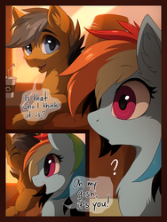 Size: 829x1100 | Tagged: dead source, safe, artist:hioshiru, quibble pants, rainbow dash, earth pony, pegasus, pony, comic:tale road, g4, bendy straw, cheek fluff, chest fluff, coffee, comic, cute, dialogue, drinking straw, duo, ear fluff, eyelashes, eyes closed, female, fluffy, happy, male, mare, open mouth, question mark, ship:quibbledash, shipping, shrunken pupils, smiling, speech bubble, stallion, straight, surprised, train, wide eyes