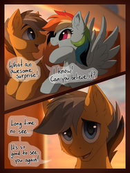 Size: 829x1100 | Tagged: dead source, safe, artist:hioshiru, quibble pants, rainbow dash, earth pony, pegasus, pony, comic:tale road, g4, 2 panel comic, blurry background, blushing, cheek fluff, chest fluff, comic, cute, duo, duo male and female, ear fluff, eye contact, eyelashes, female, fluffy, looking at each other, looking at someone, male, mare, open mouth, open smile, raised hoof, ship:quibbledash, shipping, smiling, smiling at each other, speech bubble, spread wings, stallion, straight, train, wings