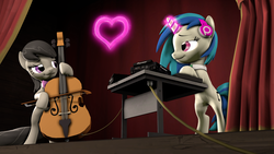 Size: 1920x1080 | Tagged: safe, artist:jachau, dj pon-3, octavia melody, vinyl scratch, earth pony, pony, unicorn, g4, 3d, bow (instrument), cello, cello bow, female, glowing horn, headphones, heart, horn, lesbian, looking at each other, magic, mare, musical instrument, necktie, ship:scratchtavia, shipping, smiling, source filmmaker, stage