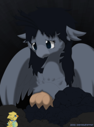 Size: 2600x3500 | Tagged: safe, artist:rockfannel, oc, oc only, bird, classical hippogriff, hippogriff, black background, high res, macro, sad, simple background, size difference, solo