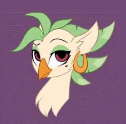 Size: 540x531 | Tagged: safe, artist:justafallingstar, derpibooru exclusive, captain celaeno, bird, anthro, g4, my little pony: the movie, animated, beauty mark, birb, bust, ear piercing, earring, female, ironic tutorial, jewelry, looking at you, piercing, solo, trolling, wat