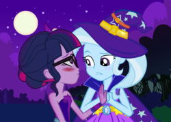 Size: 839x600 | Tagged: safe, artist:3d4d, sci-twi, trixie, twilight sparkle, equestria girls, g4, female, full moon, hat, lesbian, moon, ship:sci-twixie, ship:twixie, shipping, witch hat