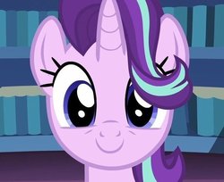 Size: 660x538 | Tagged: safe, screencap, starlight glimmer, pony, unicorn, g4, uncommon bond, blue eyes, cute, female, glimmerbetes, hair flip, hair over one eye, horn, looking at you, mare, smiling, solo