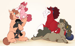 Size: 1280x795 | Tagged: safe, artist:vindhov, oc, oc:charcoal, oc:parfait, oc:perfectly peachy pie, oc:red velvet, oc:sulphur pie, earth pony, pony, unicorn, bald face, blaze (coat marking), coat markings, facial markings, family, female, filly, foal, mare, offspring, parent:pinkie pie, parent:trouble shoes, parents:trouble pie, pregnant, siblings, sisters, socks (coat markings)
