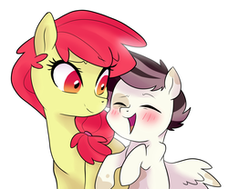 Size: 2277x1895 | Tagged: safe, artist:theroyalartofna, apple bloom, oc, oc:pidge shimmer, g4, duo, female, male, mother and son, offspring, parent:apple bloom, parent:featherweight, parents:featherbloom