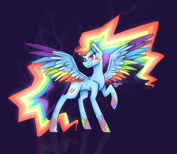 Size: 1800x1560 | Tagged: safe, artist:magicstar919, rainbow dash, pegasus, pony, g4, colored wings, dark background, ethereal mane, female, multicolored wings, rainbow power, rainbow wings, raised hoof, solo