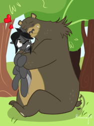 Size: 1200x1600 | Tagged: safe, artist:humble-ravenwolf, harry, oc, oc:ravenhoof, bear, pegasus, pony, g4, bear hug, cute, forest, heart, hug, legitimate bear hugs, story included