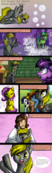 Size: 1438x4782 | Tagged: safe, artist:aschenstern, applejack, derpy hooves, fluttershy, lyra heartstrings, rainbow dash, rarity, twilight sparkle, earth pony, ghost, human, pegasus, pony, unicorn, series:five things you didn't know, g4, alternate universe, chalk, chalkboard, comic, death, fancy mathematics, female, fourth wall, jesus christ, male, math, underp