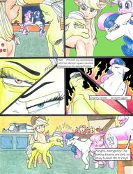 Size: 1024x1339 | Tagged: safe, artist:tillie-tmb, applejack, bon bon, granny smith, pinkie pie, sweetie drops, earth pony, pony, comic:the amulet of shades, g4, apple, comic, fire, food, traditional art