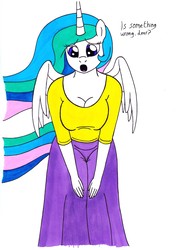 Size: 2446x3476 | Tagged: safe, artist:killerteddybear94, princess celestia, alicorn, anthro, breasts, busty princess celestia, clothes, concerned, dialogue, female, hands on knees, long skirt, looking at you, mare, momlestia, shirt, skirt, solo, t-shirt, talking to viewer, traditional art