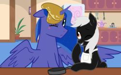 Size: 1288x800 | Tagged: safe, artist:sky gamer, princess luna, oc, oc:alex sinfalair, alicorn, pegasus, pony, g4, apron, canon x oc, clothes, cooking, female, food, horn, horn impalement, lulex, male, one eye closed, pancakes, shipping, silly, straight