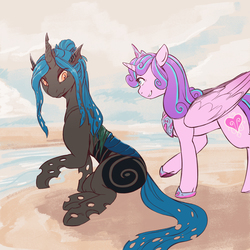Size: 2700x2700 | Tagged: safe, artist:overlordneon, princess flurry heart, oc, oc:chriki, alicorn, changeling, pony, g4, beach, changeling oc, duo, female, high res, looking back, mare, next generation, older, older flurry heart, parent:queen chrysalis, sitting, smiling, water