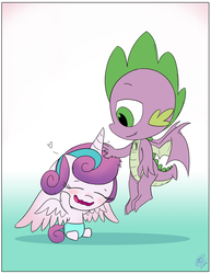 Size: 2550x3300 | Tagged: safe, artist:loreto-arts, princess flurry heart, spike, alicorn, dragon, g4, baby alicorn, blushing, cute, flurrybetes, head pat, heart, high res, pat, uncle spike, winged spike, wings