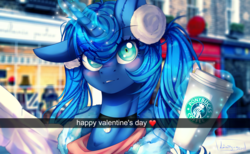 Size: 4494x2773 | Tagged: safe, artist:lunastyczna, princess luna, alicorn, pony, g4, alternate hairstyle, blurry background, clothes, coat, coffee, cup, digital art, earmuffs, female, glowing horn, heart, high res, holiday, horn, looking at you, magic, mare, pigtails, selfie, signature, smiling, snapchat, solo, starbucks, valentine's day