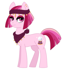 Size: 1024x1120 | Tagged: safe, artist:cascayd, cheese sandwich, pinkie pie, oc, oc:crystal remedy, g4, accessory, bandana, clothes, crystal ball, female, fortune teller, headscarf, jewelry, like mother like daughter, like parent like child, makeup, mare, offspring, parent:cheese sandwich, parent:pinkie pie, parents:cheesepie, scarf