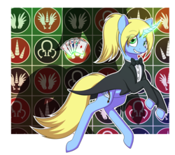 Size: 3478x3083 | Tagged: safe, artist:mynder, oc, oc only, oc:art's desire, pony, clothes, high res, poker, simple background, smiling, smirk, solo, tuxedo