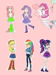 Size: 900x1200 | Tagged: safe, artist:rickless-artist, applejack, fluttershy, pinkie pie, rainbow dash, rarity, sci-twi, twilight sparkle, dog, human, rabbit, equestria girls, equestria girls series, g4, armpits, balloon, clothes, human coloration, humane five, humane six, new outfit, pantyhose, pink background, poster, shoes, simple background, sneakers