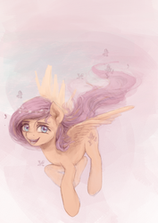 Size: 1288x1818 | Tagged: safe, artist:paticzaki, fluttershy, pegasus, pony, g4, female, floral head wreath, flower, flying, looking at you, open mouth, smiling, solo, spread wings, wings