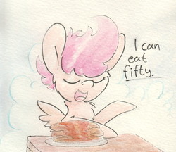 Size: 997x863 | Tagged: safe, artist:slightlyshade, scootaloo, pegasus, pony, g4, chest fluff, cloud, dialogue, eyes closed, female, filly, fluffy, food, pancakes, plate, solo, spread wings, table, traditional art, watercolor painting, wings