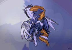 Size: 1899x1317 | Tagged: dead source, safe, artist:surcouff, oc, oc only, oc:sour drops, oc:zephyr highwinds, pegasus, pony, cuddling, eyes closed, female, flying, happy, mare, sky, smiling, wings
