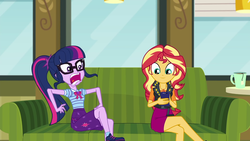 Size: 1920x1080 | Tagged: safe, screencap, sci-twi, sunset shimmer, twilight sparkle, equestria girls, g4, my little pony equestria girls: better together, text support, text support: sunset shimmer, cellphone, crossed legs, duo, female, food, freakout, geode of empathy, geode of telekinesis, glasses, legs, magical geodes, mug, phone, smartphone, tea