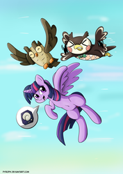 Size: 1024x1449 | Tagged: safe, artist:pyropk, owlowiscious, twilight sparkle, alicorn, owl, pony, g4, animal crossing, blathers, crossover, cute, flying, fossil, furry confusion, pet, twilight sparkle (alicorn)