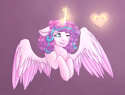 Size: 1209x925 | Tagged: safe, artist:weird-psycho-jane, princess flurry heart, pony, g4, chest fluff, female, heart, heart eyes, magic, older, older flurry heart, one eye closed, purple background, simple background, solo, wingding eyes