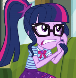 Size: 800x824 | Tagged: safe, screencap, sci-twi, twilight sparkle, equestria girls, g4, my little pony equestria girls: better together, my little pony equestria girls: choose your own ending, text support, text support: sunset shimmer, animated, animated screencap, clothes, cropped, cute, female, geode of telekinesis, glasses, gritted teeth, loop, magical geodes, nervous, playing with hair, ponytail, solo, twiabetes